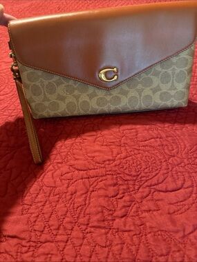 Coach Brown Leather & Signature Canvas Wristlet Clutch